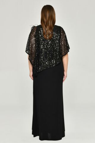 Payet Şallı Krep Uzun Elbise Siyah - 44