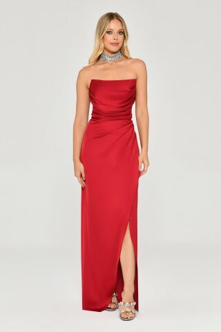 Straplez Saten Uzun Elbise Bordo - 42