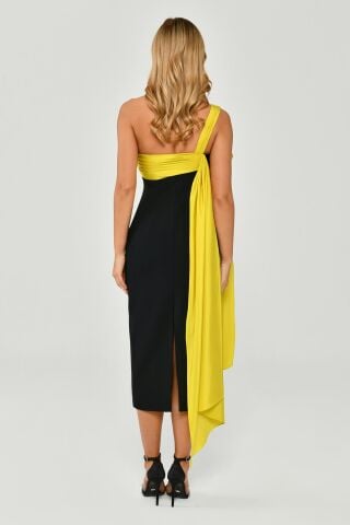 Tek Omuzdan Tafta Kumaş Bağlamalı Krep Midi Elbise SİYAH / OLİVE - 38