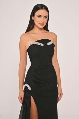 Strapzlez Aksesuarlı Yandan Şifon Kuyruklu Krep Uzun Elbise Siyah - 42