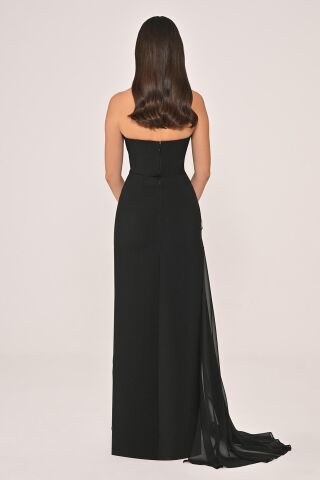 Strapzlez Aksesuarlı Yandan Şifon Kuyruklu Krep Uzun Elbise Siyah - 42