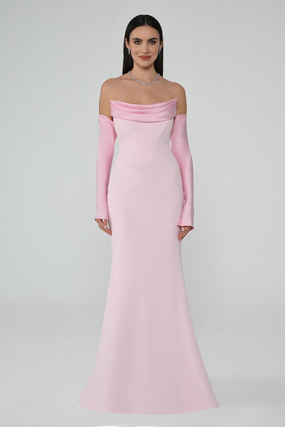 Strapless Sleeve Fish Cut Long Dress Pink - 40