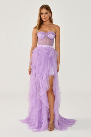 Straplez Yırtmaçlı Katlı Tül Elbise AÇIK LİLA - 36