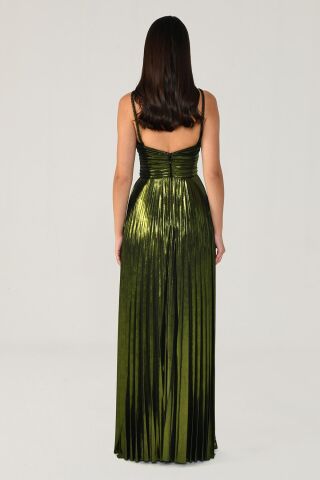 İp Askılı Önden Yırtmaçlı Parlak Şifon Uzun Elbise SİYAH / YEŞİL - 36