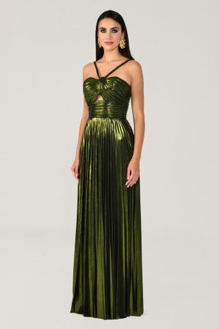 İp Askılı Önden Yırtmaçlı Parlak Şifon Uzun Elbise SİYAH / YEŞİL - 40