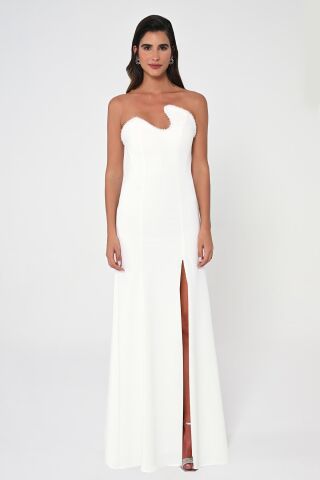 Straplez Üst Taşlı Asimetrik Kesim Krep Uzun Elbise Beyaz - 36