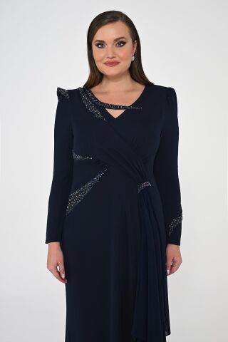Uzun Kollu İşlemeli Payetli Krep Uzun Elbise Lacivert - 44