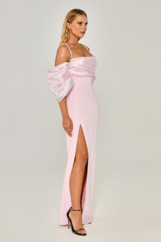 Trägerloses, tiefes Ballonärmel-Schlitz-Langes Kleid Rosa - 42