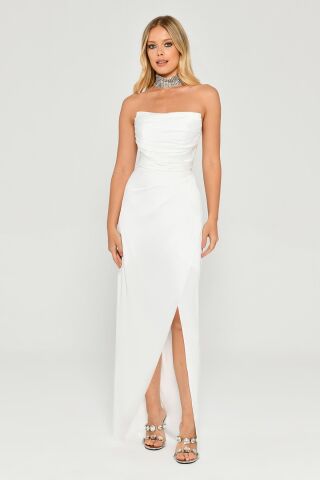 Straplez Saten Uzun Elbise Beyaz - 38