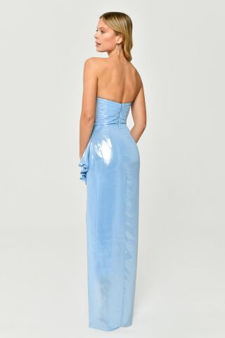 Straplez Üst Piliseli Önden Yırtmaçlı Parlak Şifon Uzun Elbise MAVİ - 44