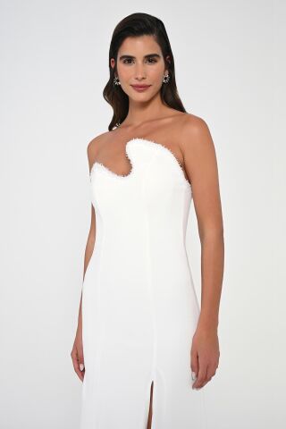 Straplez Üst Taşlı Asimetrik Kesim Krep Uzun Elbise Beyaz - 38