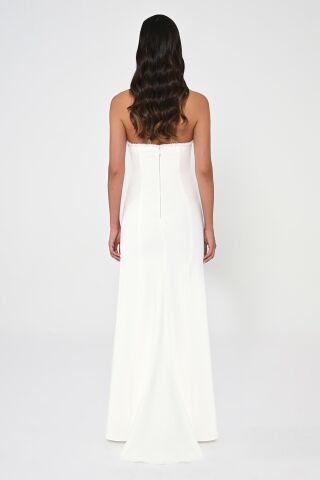 Straplez Üst Taşlı Asimetrik Kesim Krep Uzun Elbise Beyaz - 38