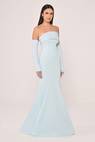 Straplez Yaka ve Kol Taşlı File Krep Uzun Elbise AÇIK MAVİ - 38