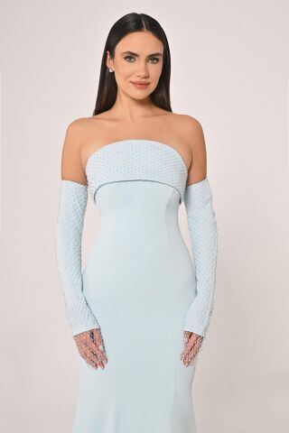 Straplez Yaka ve Kol Taşlı File Krep Uzun Elbise AÇIK MAVİ - 38