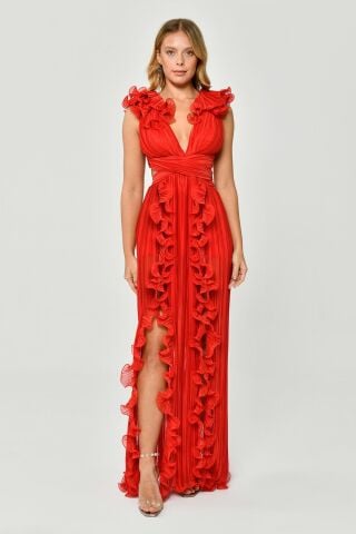 Plissiertes Chiffon-Langes Kleid mit gerüschten Schultern und Rock Rot - 42