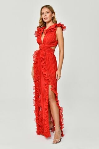 Plissiertes Chiffon-Langes Kleid mit gerüschten Schultern und Rock Rot - 42