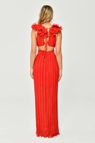 Plissiertes Chiffon-Langes Kleid mit gerüschten Schultern und Rock Rot - 42