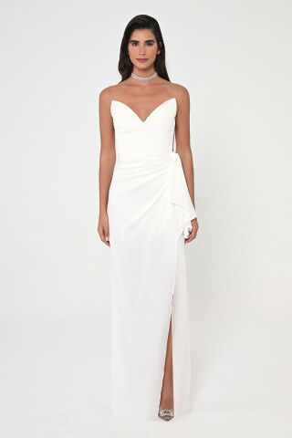Trägerloses, plissiertes, langes Chiffonkleid mit Seitenschlitz, Weiß - 36