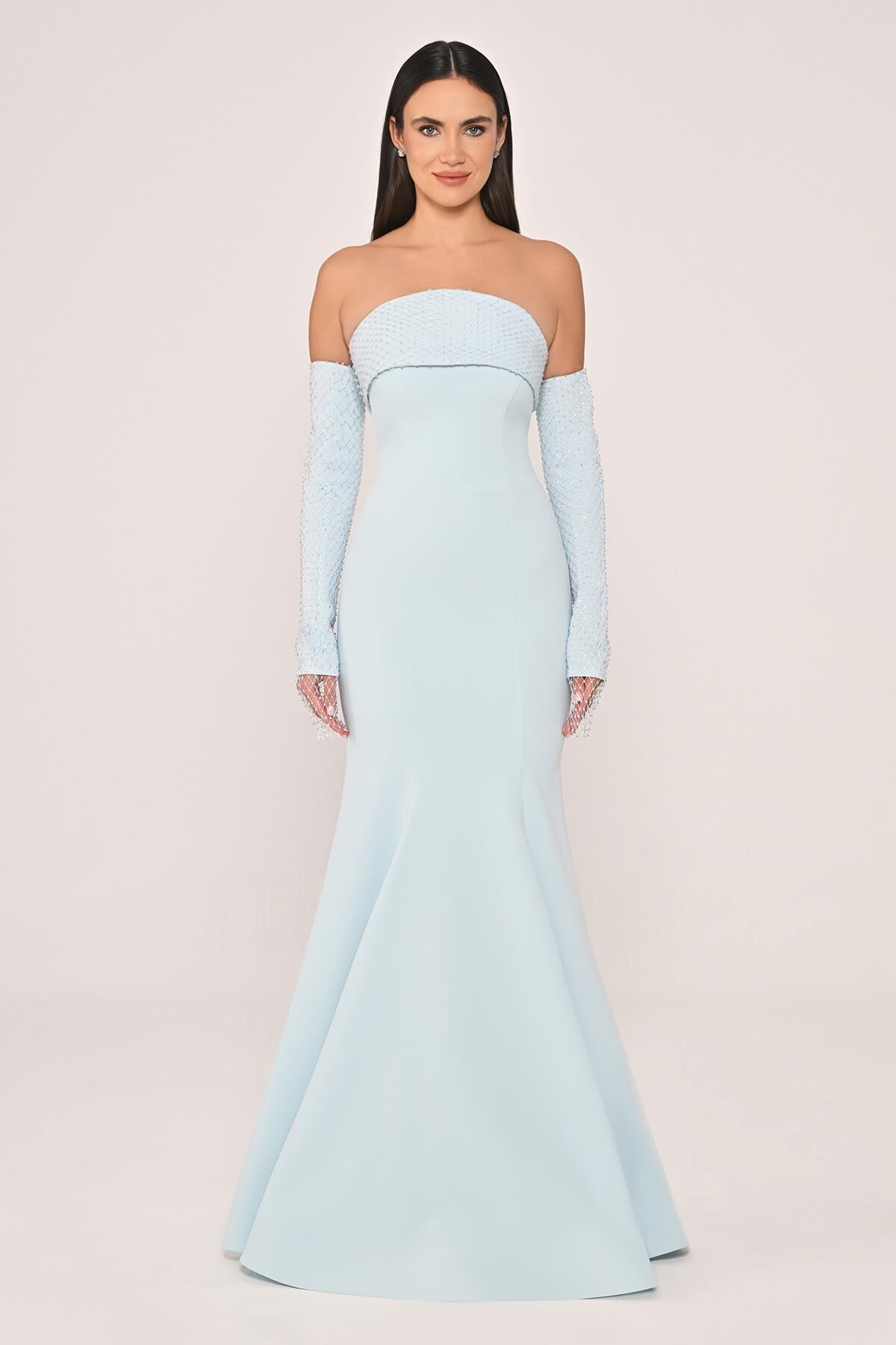 Straplez Yaka ve Kol Taşlı File Krep Uzun Elbise AÇIK MAVİ - 40