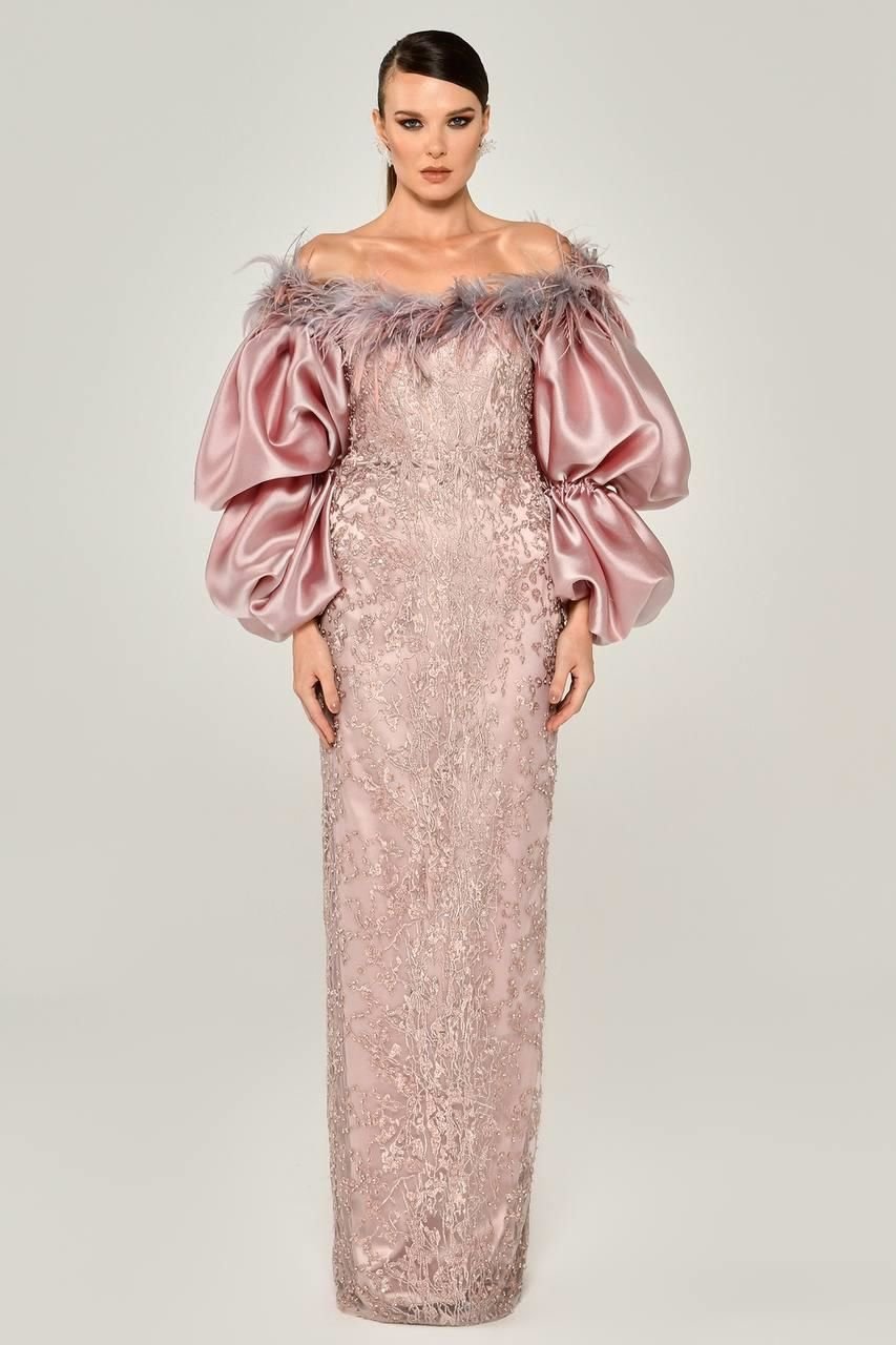 BALLOON SLEEVE COLLAR FABRIC LONG DRESS WITH FEATHER BEADS