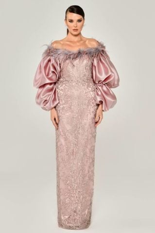 BALLOON SLEEVE COLLAR FABRIC LONG DRESS WITH FEATHER BEADS