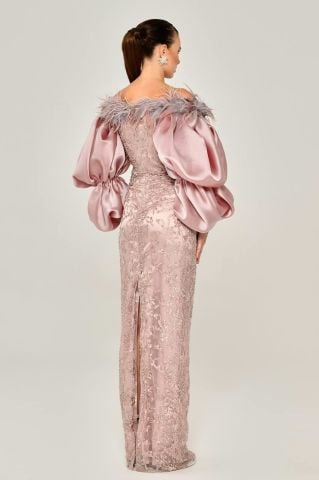BALLOON SLEEVE COLLAR FABRIC LONG DRESS WITH FEATHER BEADS