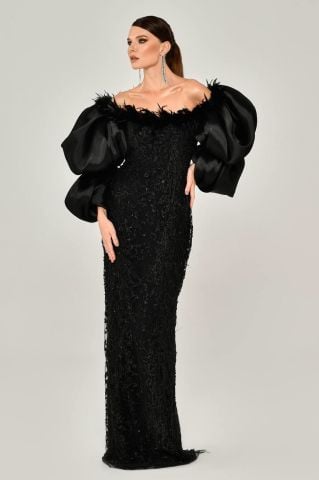 BALLOON SLEEVE COLLAR FABRIC LONG DRESS WITH FEATHER BEADS