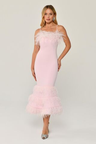 Fischschwanz-Midikleid mit Seilträgern und gefiederter Brust und Rock, Pink – 44