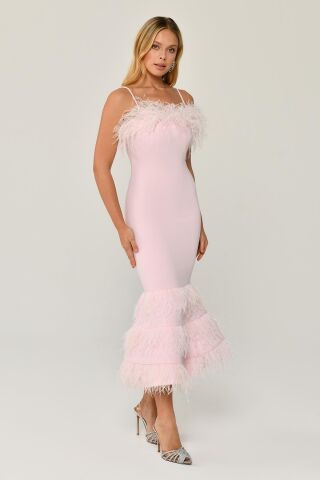 İp Askılı Göğüs Ve Eteği Tüylü Balık Midi Elbise Pembe - 44