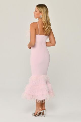 İp Askılı Göğüs Ve Eteği Tüylü Balık Midi Elbise Pembe - 44
