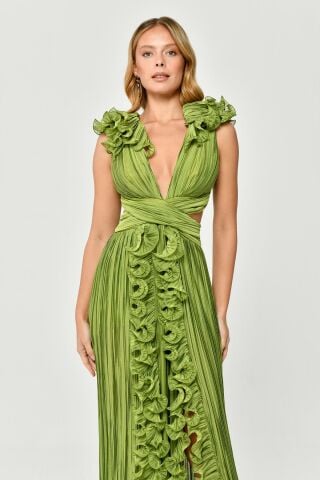Plissiertes Chiffon-Langes Kleid mit gerüschten Schultern und Rock Grün - 42