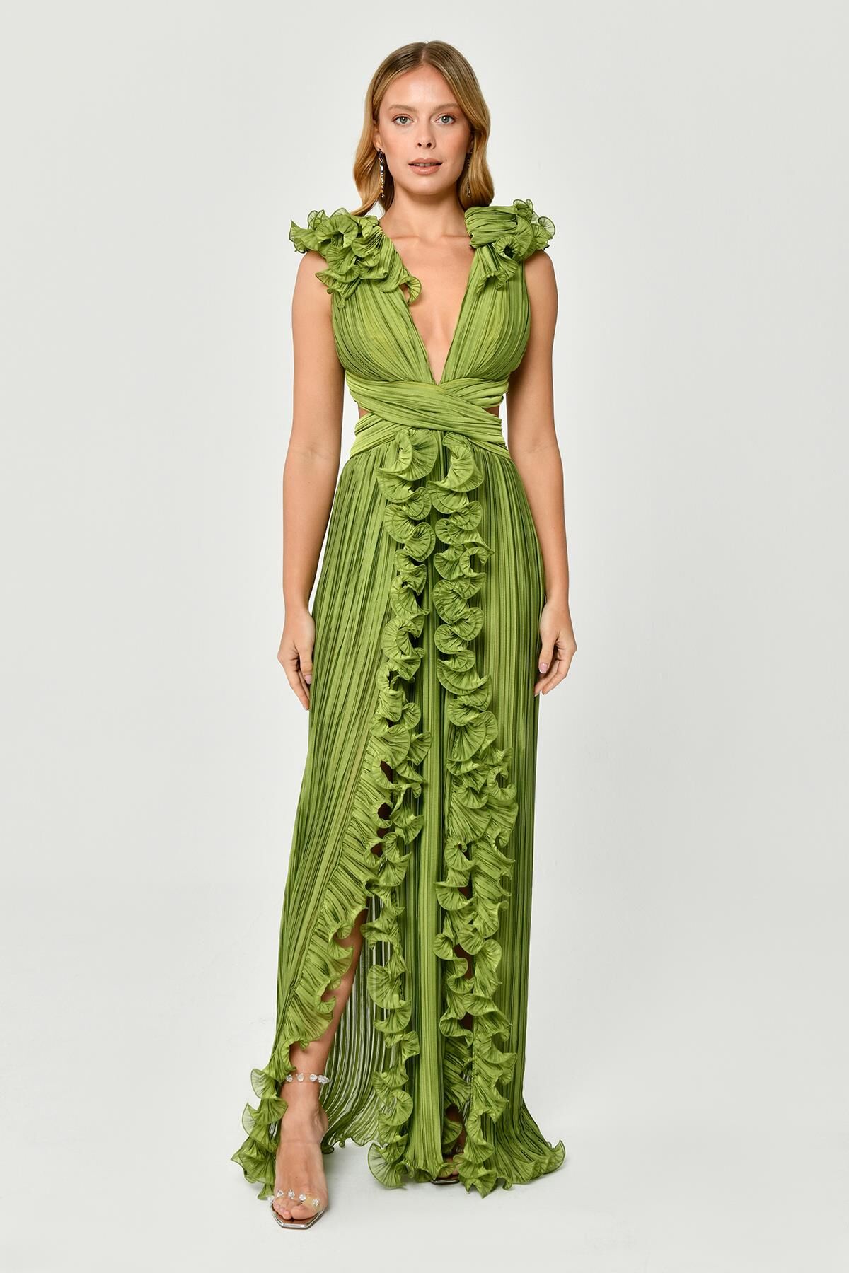 Plissiertes Chiffon-Langes Kleid mit gerüschten Schultern und Rock Grün - 42