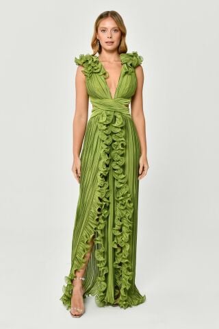 Plissiertes Chiffon-Langes Kleid mit gerüschten Schultern und Rock Grün - 42