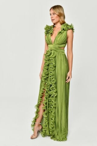 Plissiertes Chiffon-Langes Kleid mit gerüschten Schultern und Rock Grün - 42