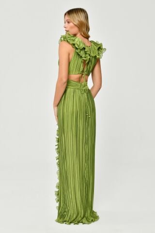 Plissiertes Chiffon-Langes Kleid mit gerüschten Schultern und Rock Grün - 42