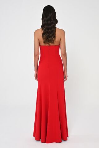 Straplez Üst Taşlı Asimetrik Kesim Krep Uzun Elbise Kırmızı - 44