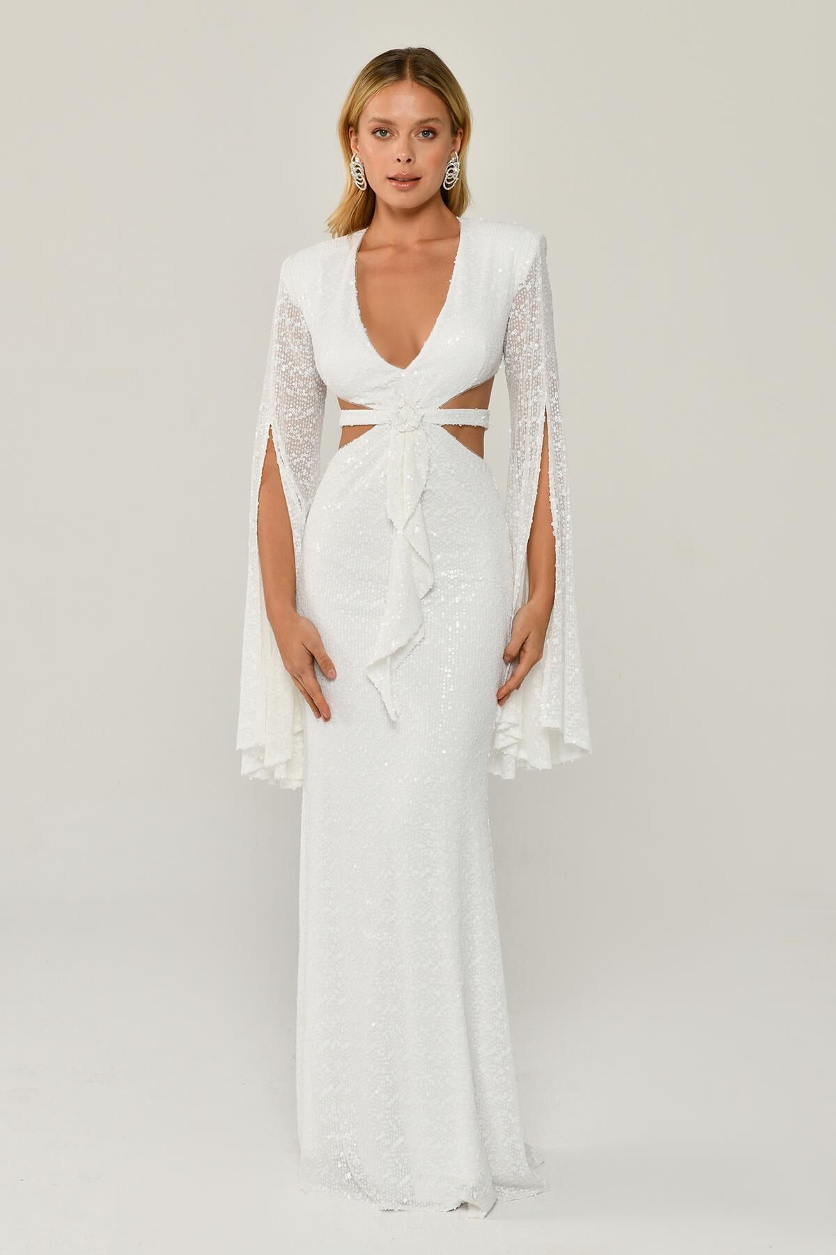 Dökümlü Uzun Kol V Yaka Payetli Uzun Elbise Beyaz - 36