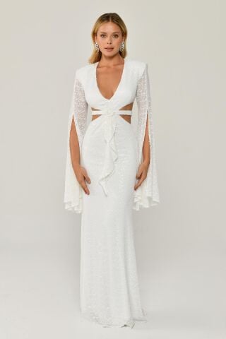 Dökümlü Uzun Kol V Yaka Payetli Uzun Elbise Beyaz - 36