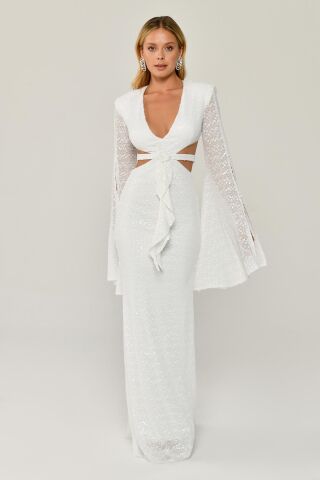 Dökümlü Uzun Kol V Yaka Payetli Uzun Elbise Beyaz - 36