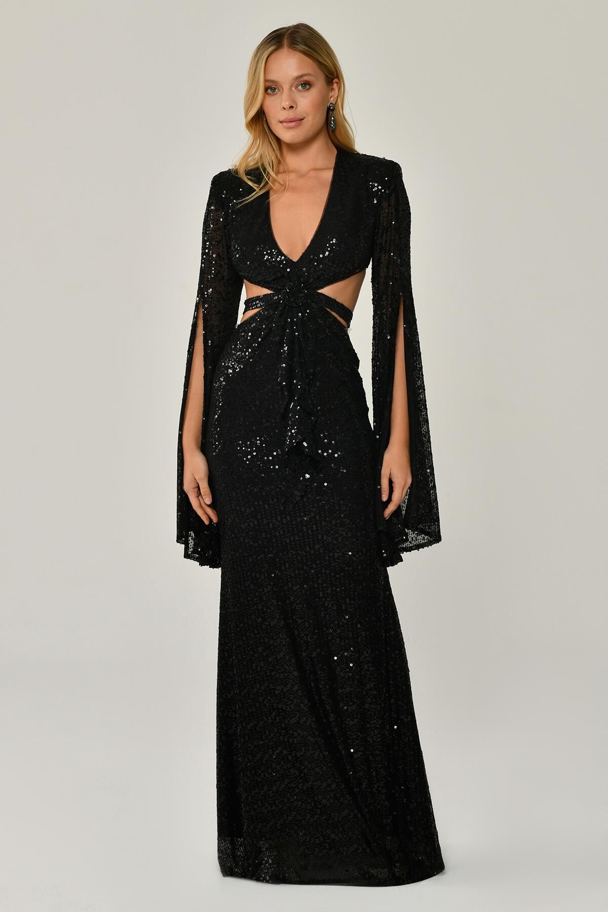 Dökümlü Uzun Kol V Yaka Payetli Uzun Elbise Siyah - 36