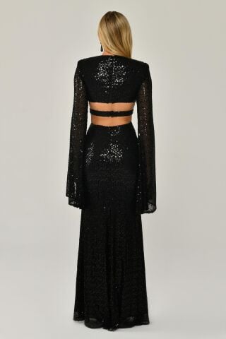 Dökümlü Uzun Kol V Yaka Payetli Uzun Elbise Siyah - 36