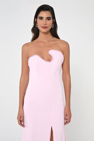 Trägerloses Top Stone Asymmetrischer Schnitt Crepe Langes Kleid Pink - 44