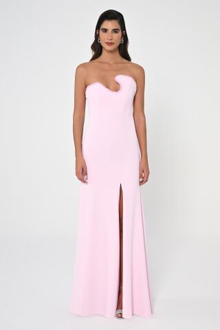 Trägerloses Top Stone Asymmetrischer Schnitt Crepe Langes Kleid Pink - 44