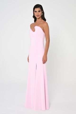 Trägerloses Top Stone Asymmetrischer Schnitt Crepe Langes Kleid Pink - 44