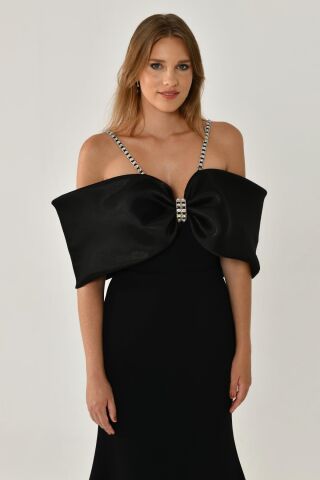 Taşlı İp Askılı Düşük Omuz Krep Uzun Elbise SİYAH / SİYAH - 46