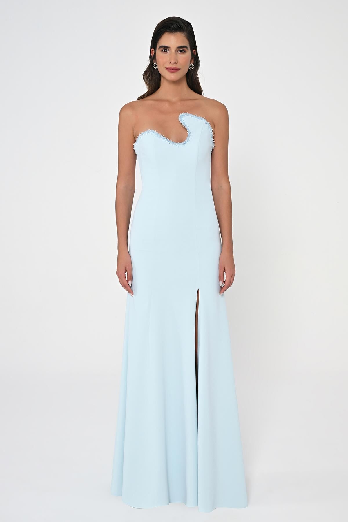 Straplez Üst Taşlı Asimetrik Kesim Krep Uzun Elbise AÇIK MAVİ - 42