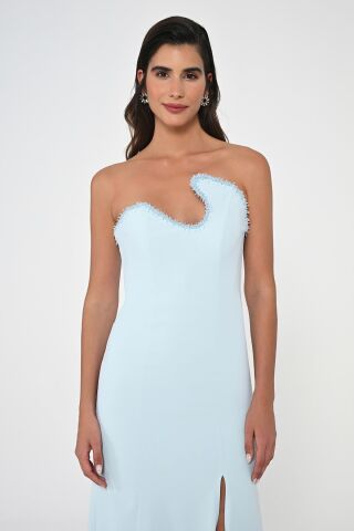 Straplez Üst Taşlı Asimetrik Kesim Krep Uzun Elbise AÇIK MAVİ - 42