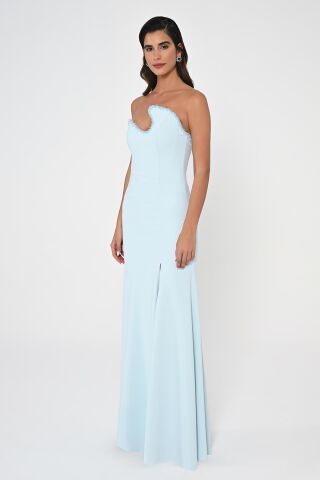 Straplez Üst Taşlı Asimetrik Kesim Krep Uzun Elbise AÇIK MAVİ - 42