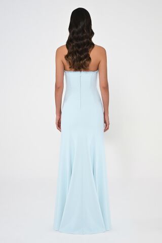 Straplez Üst Taşlı Asimetrik Kesim Krep Uzun Elbise AÇIK MAVİ - 42