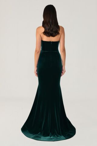 Straplez Üst Asimetrik Kesim Kadife Uzun Elbise ZÜMRÜT - 36